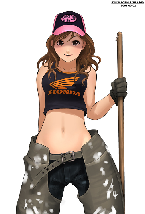 arm_behind_back baseball_cap belt black_gloves broom brown_eyes brown_hair buckle clothes_writing cowboy_shot gloves hat holding honda looking_at_viewer midriff original ryu_(ryu's_former_site) simple_background sleeveless solo standing tank_top white_background