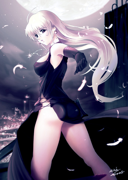 ass black_dress blonde_hair breasts city covered_nipples dress earrings elbow_gloves elysion eri_(artist) feathers gloves gun jewelry large_breasts long_hair looking_at_viewer moon necklace night no_bra no_panties rifle solo sound_horizon stella_(sound_horizon) weapon