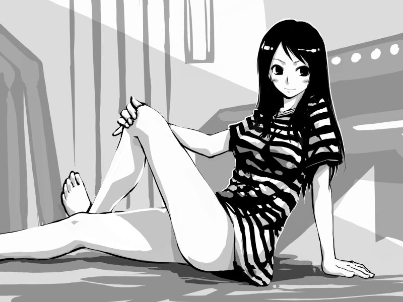 barefoot bottomless copyright_request feet greyscale long_hair michael monochrome sitting smile solo striped