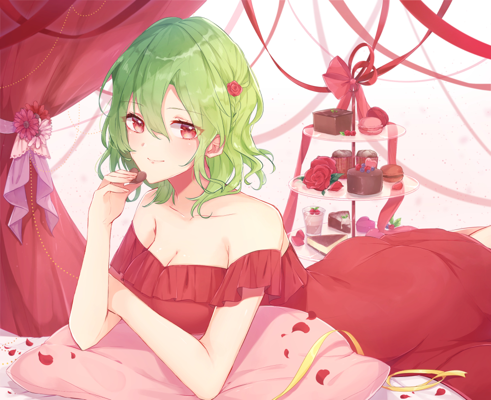 1girl alternate_costume bangs bare_shoulders blush braid breasts cake chocolate chocolate_heart cleavage collarbone commentary cowboy_shot cup curtains dress drinking_glass eyebrows_visible_through_hair flower food gradient gradient_background green_hair hair_between_eyes hair_flower hair_ornament hand_up heart holding holding_food kazami_yuuka konnyaku_(yuukachan_51) looking_at_viewer lying macaron medium_breasts off-shoulder_dress off_shoulder on_stomach petals pillow pink_background pink_flower red_dress red_eyes red_flower red_ribbon ribbon rose_petals short_hair smile solo symbol_commentary tiered_tray touhou white_background yellow_ribbon