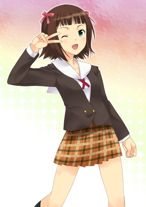 ;d amami_haruka bangs blunt_bangs bow brown_hair clenched_hand green_eyes hair_bow idolmaster idolmaster_(classic) idolmaster_1 long_sleeves mizuki_makoto one_eye_closed open_mouth school_uniform short_hair skirt smile solo v_over_eye