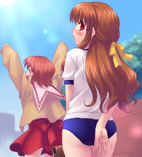 blush brown_hair buruma gym_uniform hair_ribbon long_hair multiple_girls nagamori_mizuka oekaki one red_eyes ribbon shiina_mayu_(one) short_hair skirt zen