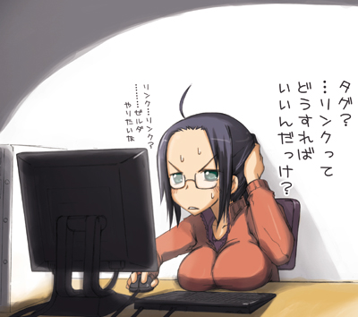 ahoge breast_press breast_rest breasts computer forehead glasses large_breasts lowres motofumi original solo translated