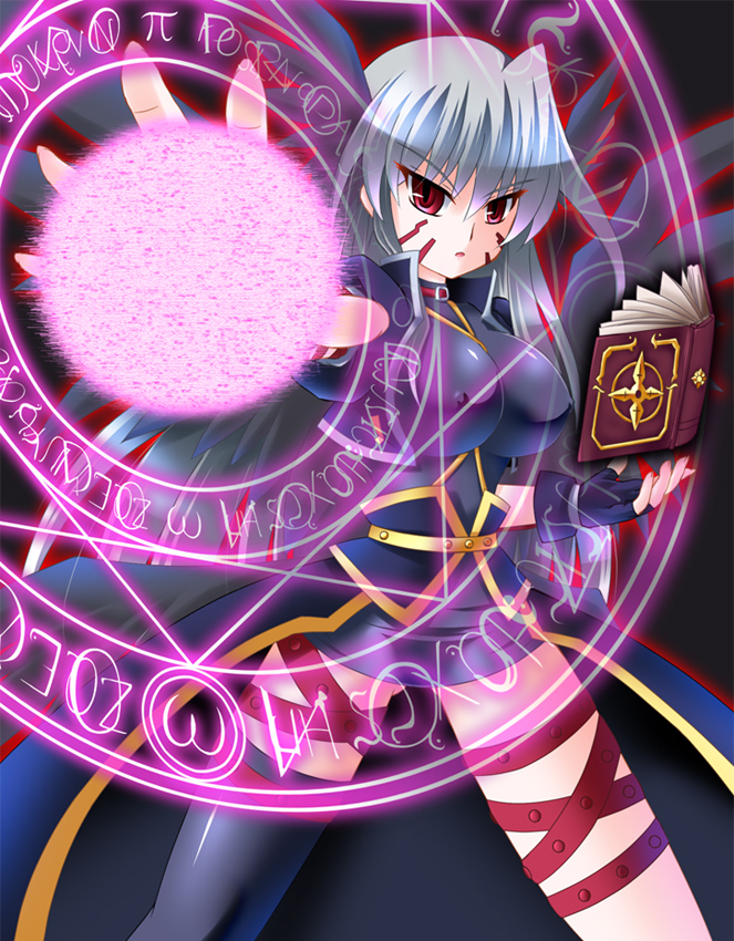 black_wings book cropped_jacket facial_mark fingerless_gloves gloves head_wings jacket lyrical_nanoha magic magic_circle magical_girl mahou_shoujo_lyrical_nanoha mahou_shoujo_lyrical_nanoha_a's miniskirt octagram open_clothes open_jacket red_eyes reinforce silver_hair single_thighhigh skirt solo star_of_lakshmi thighhighs tome_of_the_night_sky utanone_shion waist_cape wings