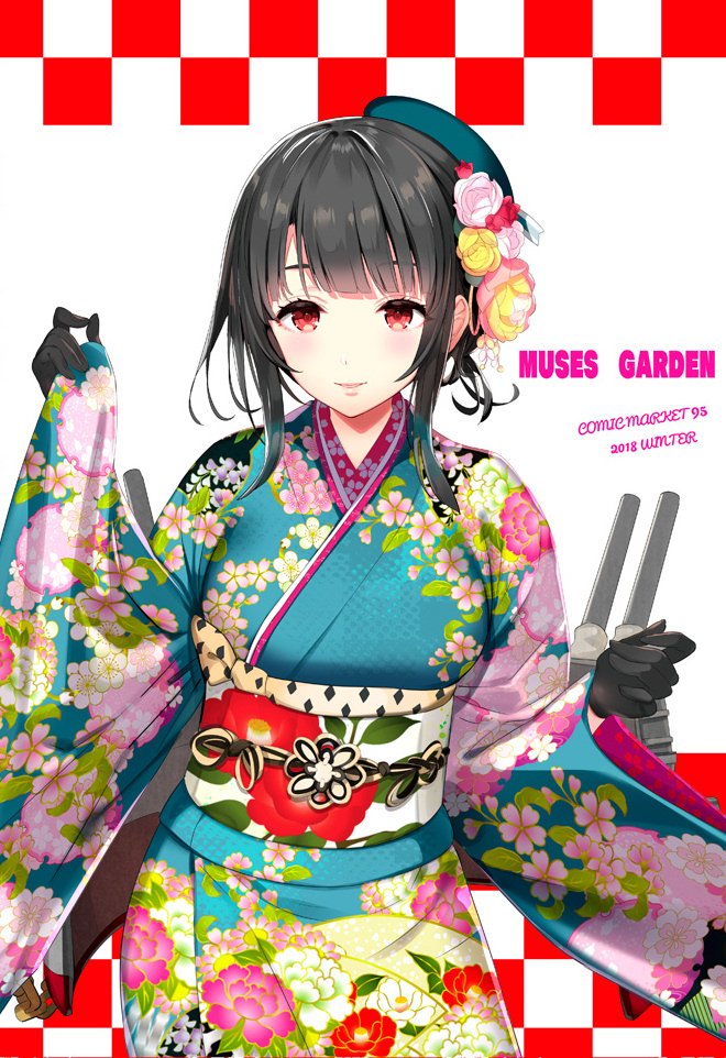 1girl 2018 adapted_costume beret black_gloves black_hair blue_hat blue_kimono blush breasts checkered checkered_background floral_print gloves hat hayakawa_akari japanese_clothes kantai_collection kimono large_breasts looking_at_viewer parted_lips red_background red_eyes short_hair sidelocks smile solo takao_(kantai_collection) turret upper_body white_background wide_sleeves