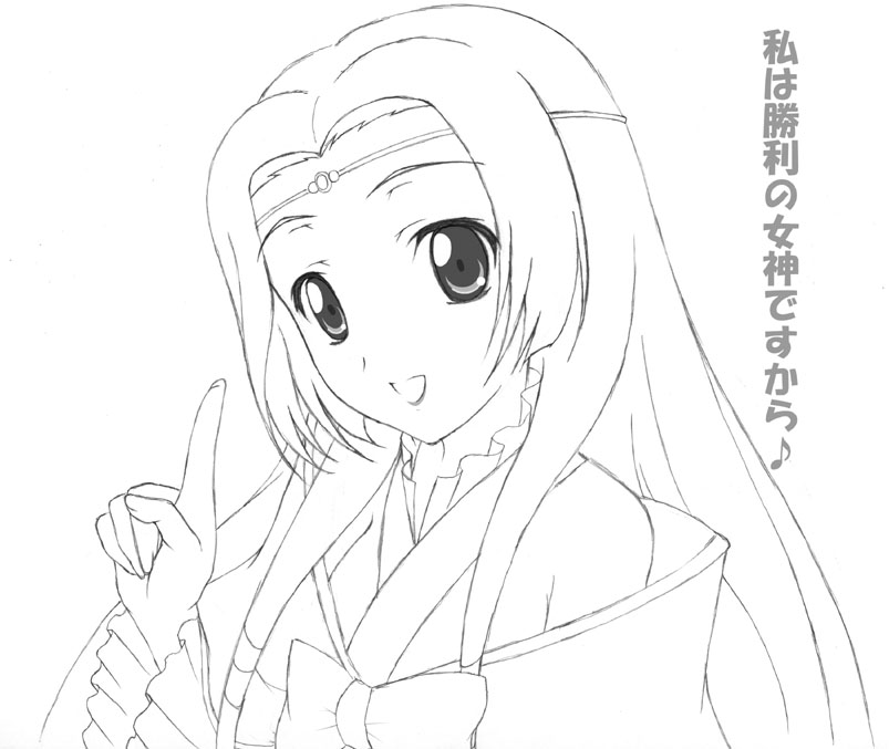 :d bare_shoulders bow bowtie circlet code_geass dress greyscale index_finger_raised lineart long_hair long_sleeves looking_at_viewer monochrome open_mouth rodori_gesu smile solo sumeragi_kaguya text_focus translation_request very_long_hair