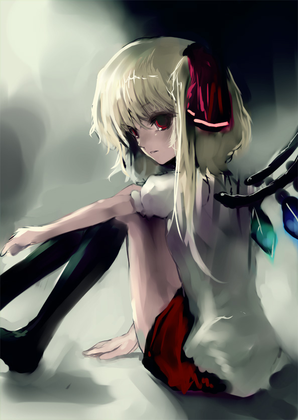arm_support blonde_hair bow flandre_scarlet hair_bow head_tilt kneehighs leg_hug legs looking_at_viewer miniskirt nokishita one_side_up red_eyes sitting skirt solo touhou wings