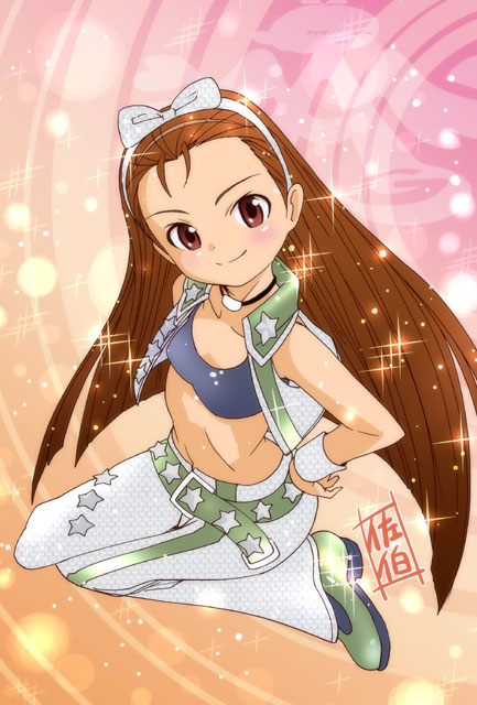 belt bow breasts brown_hair buckle choker cleavage closed_mouth collarbone cool_&amp;_sexy_(idolmaster) full_body hair_bow head_tilt idolmaster idolmaster_(classic) idolmaster_1 long_hair looking_at_viewer medium_breasts minase_iori open_clothes open_vest red_eyes saeki_tatsuya sitting smirk solo strapless tubetop very_long_hair vest wariza white_bow