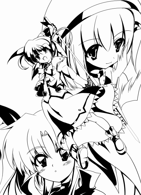 bow cape energy_wings fate_testarossa fingerless_gloves gloves greyscale hair_ornament hat jacket lyrical_nanoha magazine_(weapon) magical_girl mahou_shoujo_lyrical_nanoha mahou_shoujo_lyrical_nanoha_a's monochrome multiple_girls open_clothes open_jacket raising_heart rikuto takamachi_nanoha twintails wings x_hair_ornament yagami_hayate