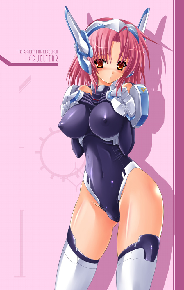 blush breasts covered_nipples crueltear elbow_gloves gloves large_breasts mecha_musume pink_hair short_hair shujin solo trigger_heart_exelica