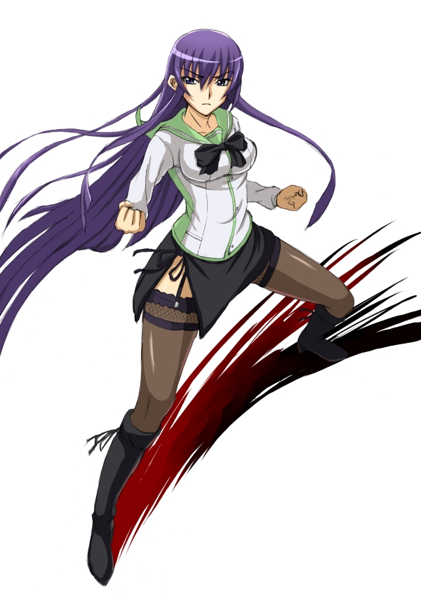 black_legwear boots breasts busujima_saeko fighting_stance garter_straps highschool_of_the_dead impossible_clothes impossible_shirt knee_boots lace lace-trimmed_thighhighs large_breasts legs long_hair long_legs miniskirt nakayama_yukiji panties pencil_skirt school_uniform serafuku shirt side-tie_panties side_slit skirt solo thighhighs thighs underwear very_long_hair