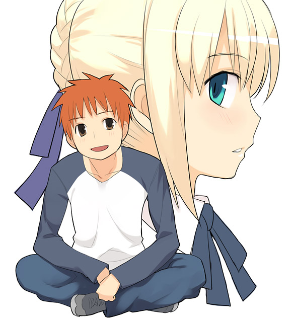 1girl artoria_pendragon_(all) black_eyes blonde_hair emiya_shirou face fate/stay_night fate_(series) from_side green_eyes indian_style long_sleeves looking_at_viewer looking_to_the_side nora_higuma orange_hair profile raglan_sleeves saber shirt simple_background sitting spiked_hair spread_legs t-shirt white_background