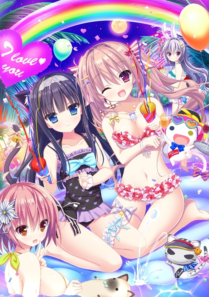 4girls ;d animal animal_ear_fluff animal_ears balloon bangs bare_arms bare_shoulders barefoot bell bikini black_hair black_swimsuit blue_bow blue_eyes blush bow breasts brown_eyes brown_hair bunny_ears casual_one-piece_swimsuit cat cat_ears cat_girl cat_tail clea closed_mouth collarbone commentary_request english_text eyebrows_visible_through_hair flat_chest flower full_moon hair_between_eyes hair_bow hair_flower hair_ornament heart heart-shaped_eyewear heart_print heterochromia holding jingle_bell large_breasts long_hair moon multiple_girls one-piece_swimsuit one_eye_closed open_mouth original partially_submerged party_popper print_swimsuit rainbow red_bow red_eyes shiwasu_horio short_hair smile soles striped striped_bow swimsuit tail tail_bell tail_raised twintails very_long_hair visor_cap water white_bikini white_flower yellow_eyes