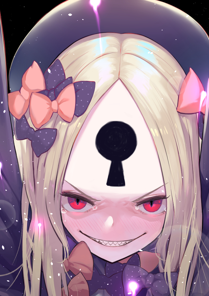 1girl abigail_williams_(fate/grand_order) black_bow black_hat blonde_hair blush bow everfornever evil_grin evil_smile eyebrows eyelashes fate/grand_order fate_(series) forehead grin hair_bow hat keyhole long_sleeves looking_at_viewer multiple_bows open_mouth orange_bow polka_dot polka_dot_bow red_eyes sharp_teeth slit_pupils smile solo tears teeth
