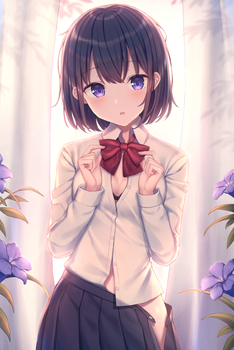 1girl backlighting bangs black_bra black_hair black_skirt blush bow bowtie bra breasts collared_shirt commentary curtains dress_shirt eyebrows_visible_through_hair flower hands_up highres kawami_nami long_sleeves looking_at_viewer open_clothes open_shirt original parted_lips pleated_skirt purple_eyes purple_flower red_neckwear shirt short_hair skirt skirt_pull small_breasts solo symbol_commentary underwear white_shirt