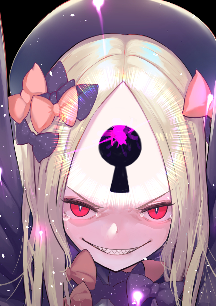 1girl abigail_williams_(fate/grand_order) black_bow black_hat blonde_hair blush bow everfornever evil_grin evil_smile eyebrows eyelashes fate/grand_order fate_(series) forehead grin hair_bow hat keyhole long_sleeves looking_at_viewer multiple_bows open_mouth orange_bow polka_dot polka_dot_bow red_eyes sharp_teeth slit_pupils smile solo tears teeth
