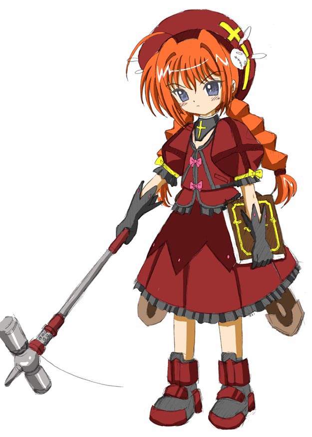 ahoge beret blue_eyes book boots braid cropped_jacket expressionless flipper full_body gloves graf_eisen grimoire hat holding holding_book jacket long_hair long_skirt looking_down lyrical_nanoha magical_girl mahou_shoujo_lyrical_nanoha mahou_shoujo_lyrical_nanoha_a's mallet open_clothes open_jacket puffy_sleeves red_hair simple_background skirt skirt_set solo standing tome_of_the_night_sky twin_braids vita