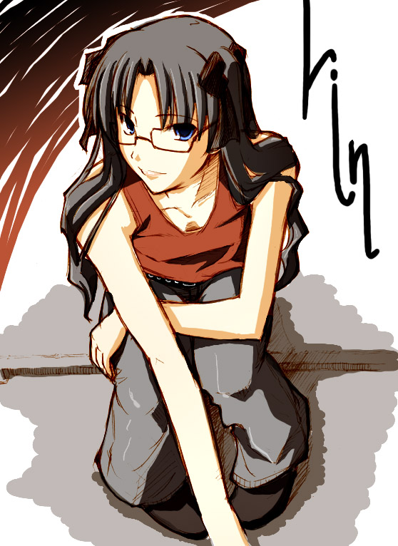 black_hair blue_eyes breasts cleavage collarbone fate/stay_night fate_(series) fue_(rhomphair) full_body glasses head_tilt leaning_forward long_hair looking_at_viewer pants red-framed_eyewear sitting sleeveless small_breasts solo tank_top toosaka_rin
