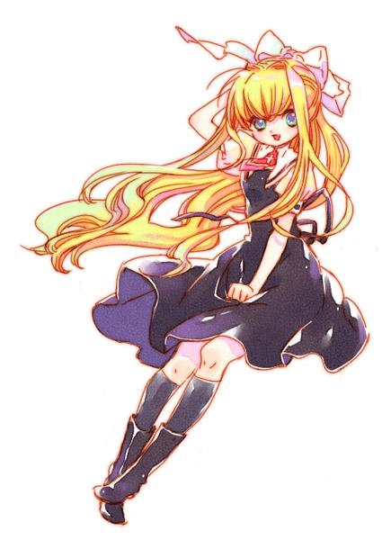 :o air ascot bangs black_dress black_footwear blonde_hair blue_eyes blunt_bangs boots dress kamio_misuzu long_hair looking_at_viewer open_mouth poitanu puffy_short_sleeves puffy_sleeves short_sleeves simple_background solo thigh_boots thighhighs very_long_hair white_background zettai_ryouiki