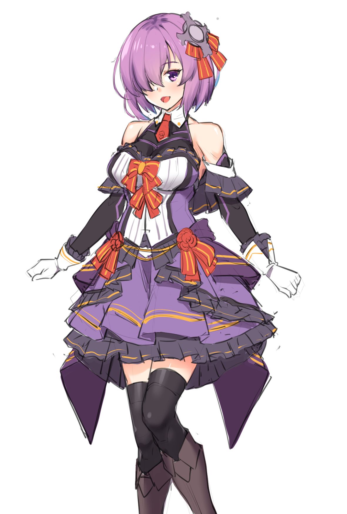 :d alternate_costume bare_shoulders black_legwear board_game boots breasts fate/grand_order fate_(series) gloves hair_ornament hair_over_one_eye highres large_breasts looking_at_viewer mash_kyrielight necktie open_mouth panties purple_eyes purple_hair ribbed_sweater shirokuma_a short_hair short_necktie simple_background sketch smile solo standing sweater thighhighs underwear white_background white_gloves zettai_ryouiki