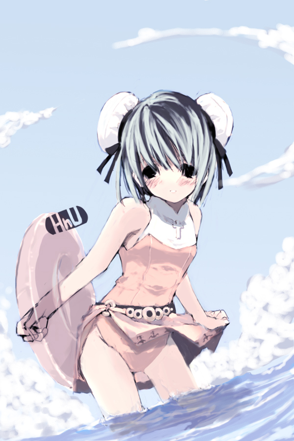 blush bun_cover casual_one-piece_swimsuit cloud cross day double_bun dutch_angle ganges_gawa innertube latin_cross leaning_forward one-piece_swimsuit ragnarok_online silver_hair solo swimsuit wading water