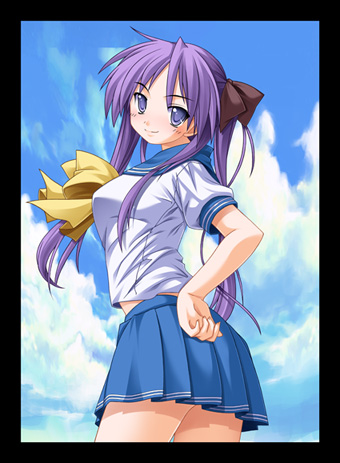 blush bow cloud day hair_ribbon hand_on_hip hiiragi_kagami long_hair looking_back lowres lucky_star midriff pleated_skirt purple_eyes purple_hair ribbon ryouou_school_uniform school_uniform serafuku skirt sky smile solo tsurime twintails very_long_hair yellow_neckwear yuki_shin