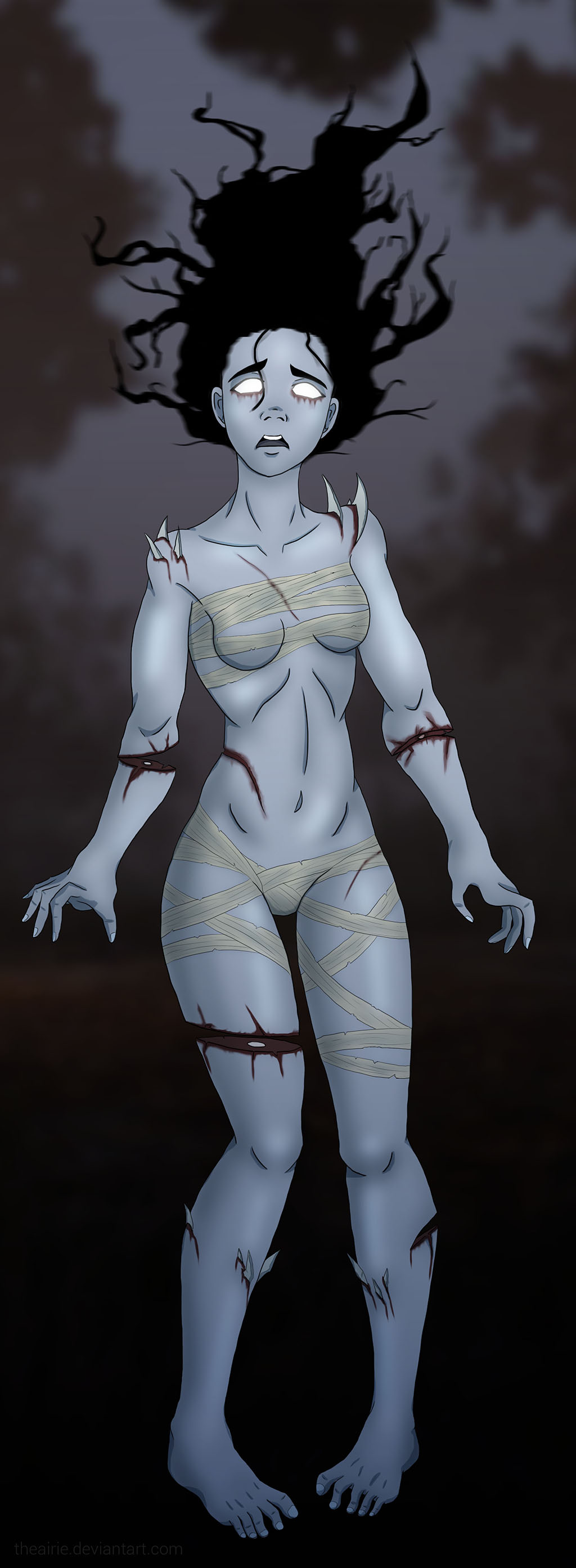 2018 5_fingers 5_toes airie bandage black_hair blood blue_skin bone breasts dead_by_daylight empty_eyes exposed_bone female floating floating_leg frown ghost gore hair humanoid impalement long_hair navel open_mouth rin_yamaoka severed_arm severed_leg solo spirit spirit_(dbd) toes url white_eyes wraps