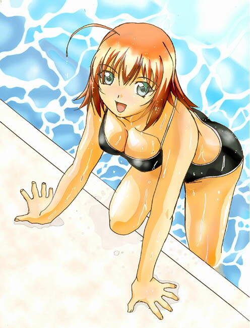 ahoge akane_maniax artist_request breasts cleavage green_eyes kimi_ga_nozomu_eien medium_breasts one-piece_swimsuit orange_hair pool short_hair solo suzumiya_akane swimsuit water wet