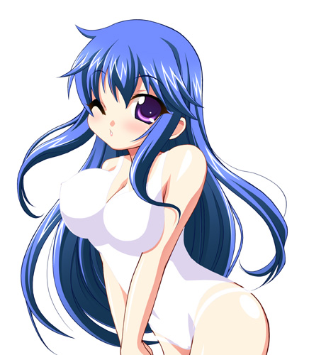 arin blue_hair blush breast_squeeze breasts casual_one-piece_swimsuit chirorian large_breasts leaning_forward long_hair lowres one-piece_swimsuit one_eye_closed pangya purple_eyes simple_background solo swimsuit