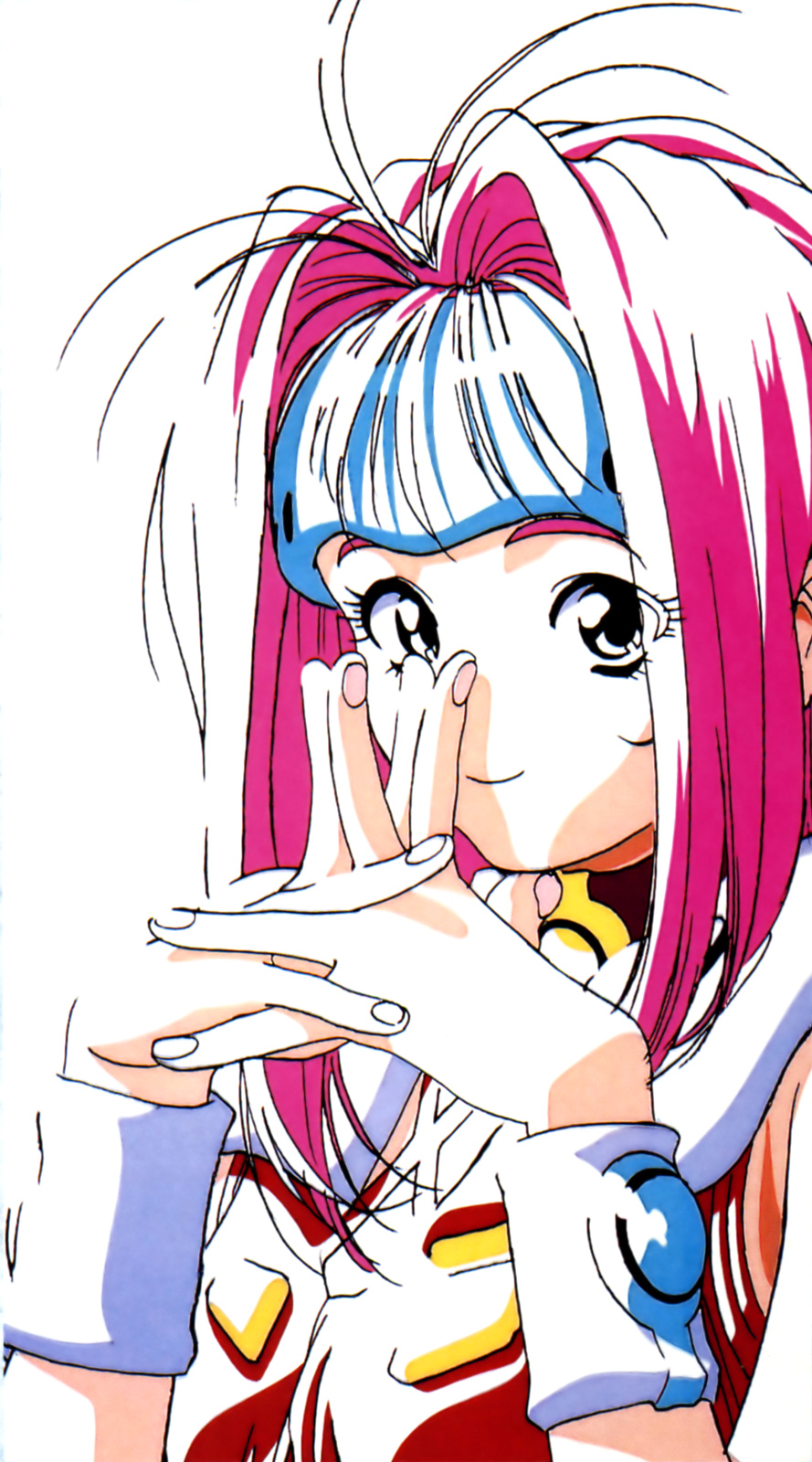 90s artist_request hands_together highres long_hair macross macross_7 mylene_jenius own_hands_together pink_hair smile solo white_background