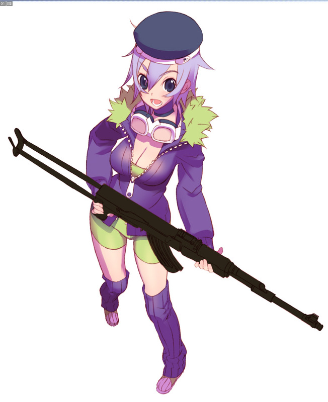 black_eyes breasts cleavage goggles goggles_around_neck gun hat large_breasts open_mouth original purple_hair rifle simple_background solo teeth tensugi_takashi weapon white_background