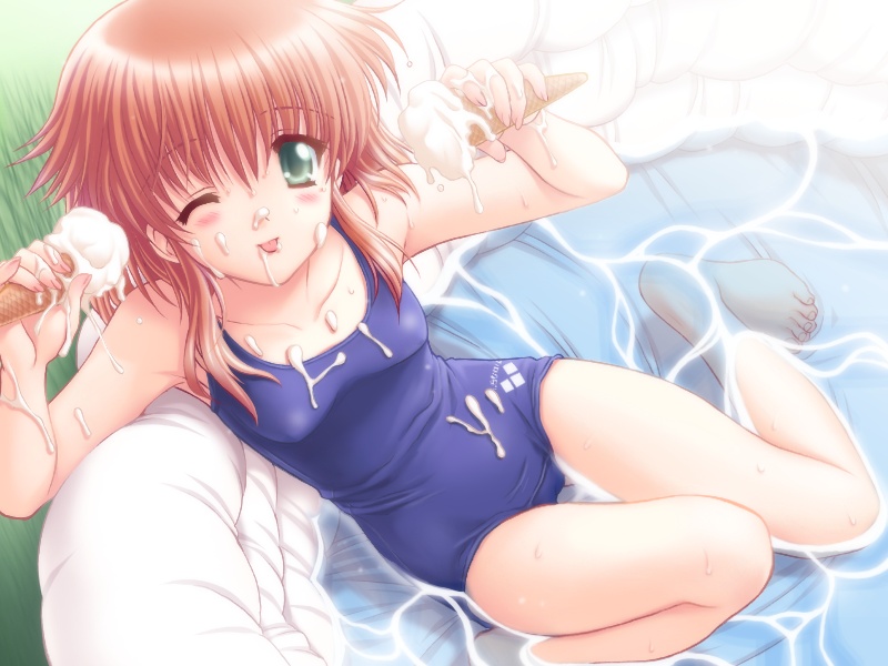 alice_no_yakata_7 artist_request brown_hair competition_swimsuit food game_cg green_eyes ice_cream one-piece_swimsuit school_swimsuit sexually_suggestive solo suggestive_fluid swimsuit thigh_gap wading_pool water