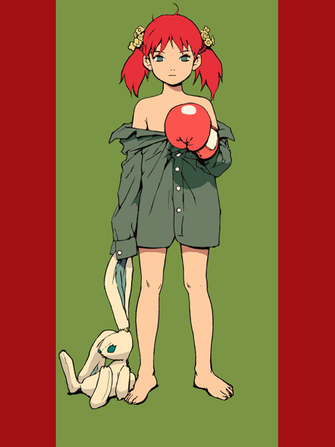 artist_request bare_shoulders barefoot boxing_gloves copyright_request feet flat_color green_background naked_shirt pillarboxed red_background red_hair shirt shirt_pull solo stuffed_animal stuffed_bunny stuffed_toy twintails
