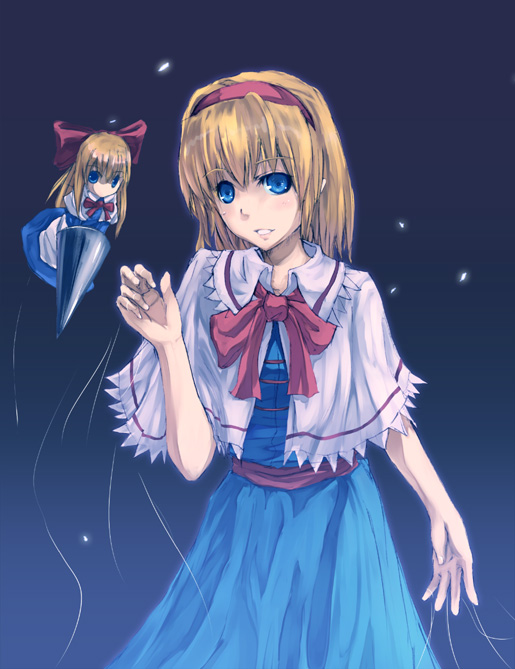 akino_komichi alice_margatroid apron bangs blonde_hair blue_eyes blue_skirt bow capelet hair_bow hairband lance long_skirt looking_at_viewer polearm red_bow shanghai_doll short_hair simple_background skirt solo string touhou weapon white_capelet