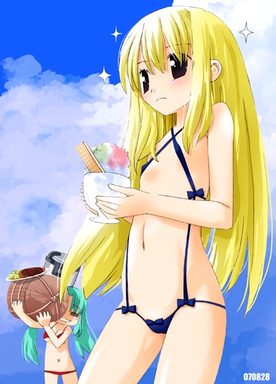 blonde_hair dated green_hair long_hair multiple_girls noto_(soranoto) original shaved_ice slingshot_swimsuit sparkle swimsuit twintails