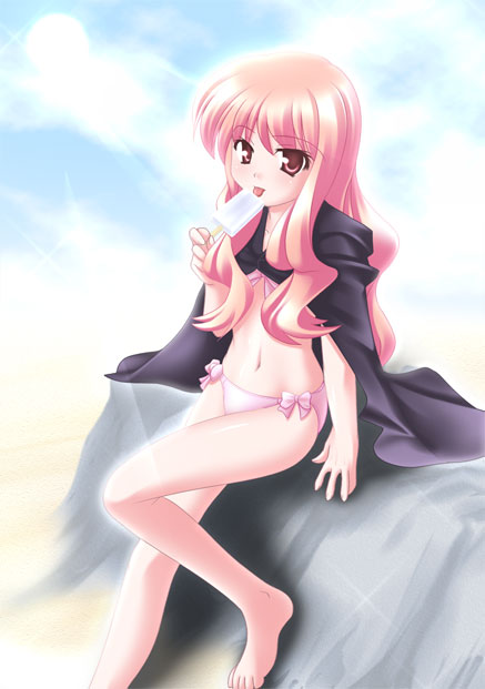 arm_support barefoot bikini cape food licking long_hair looking_at_viewer louise_francoise_le_blanc_de_la_valliere navel pink_eyes pink_hair popsicle solo swimsuit takacchi tongue zero_no_tsukaima