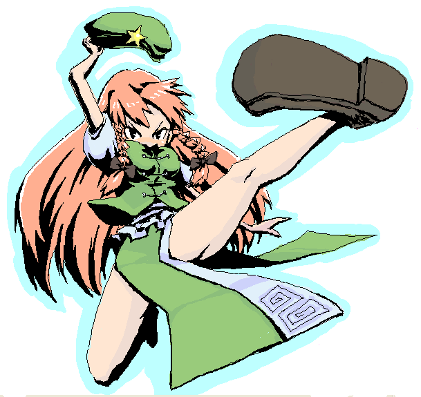bare_legs bow full_body hair_bow hat hat_removed headwear_removed hong_meiling kicking long_hair red_hair roku_(warrock) shoes short_sleeves solo split star touhou white_background