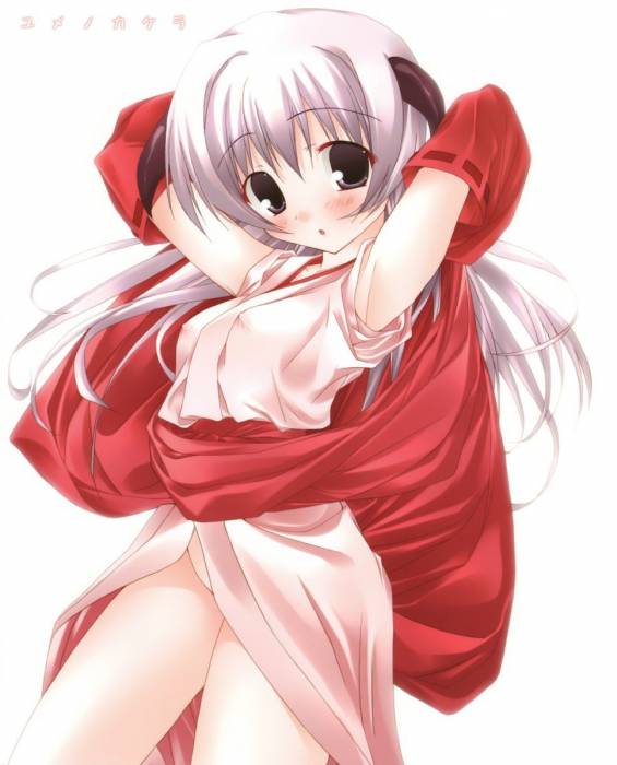 armpits arms_up blush breast_slip breasts covered_nipples grey_eyes hakama hanyuu higurashi_no_naku_koro_ni horns japanese_clothes kimono long_hair no_bra no_panties red_hakama silver_hair small_breasts solo tororo