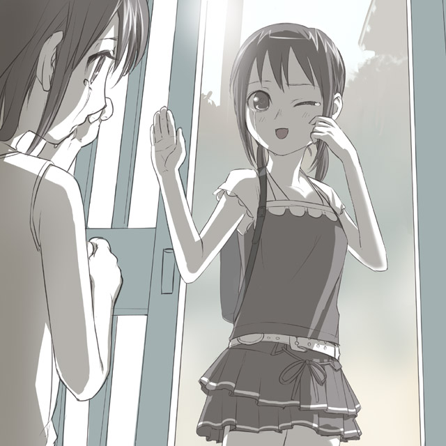 ;d backpack bag crying crying_with_eyes_open dress eye_contact indoors looking_at_another multiple_girls muted_color one_eye_closed open_mouth original short_hair sliding_doors smile tears uni waving