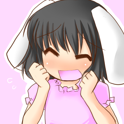 ^_^ animal_ears bangs black_hair blush bunny_ears closed_eyes dress flying_sweatdrops happy inaba_tewi lowres morino_harifu open_mouth pink_background pink_dress puffy_short_sleeves puffy_sleeves short_hair short_sleeves simple_background smile solo touhou upper_body