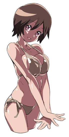 bikini breast_squeeze breasts brown_bikini brown_hair copyright_request cropped_legs hands_together large_breasts nishieda pink_eyes short_hair side-tie_bikini simple_background smile solo swimsuit symbol-shaped_pupils v_arms