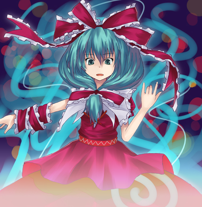 aqua_eyes aqua_hair arm_ribbon bow dress frills front_ponytail hair_bow hair_ornament hair_ribbon kagiyama_hina kukyo long_hair open_mouth outstretched_arm red_dress ribbon solo touhou