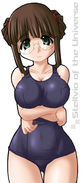 breast_hold breasts brown_hair copyright_name cowboy_shot crossed_arms expressionless eyebrows_visible_through_hair fujisawa_yayoi_(uchuu_no_stellvia) large_breasts looking_at_viewer one-piece_swimsuit school_swimsuit simple_background solo swimsuit tonpuu uchuu_no_stellvia white_background wide_hips