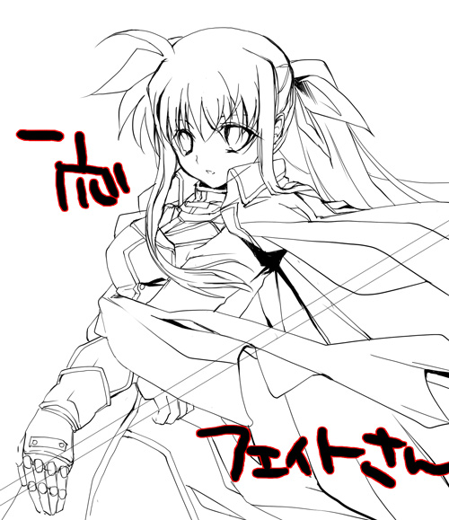 ahoge armor cape coat cowboy_shot fate_testarossa gauntlets hair_ribbon holding long_sleeves looking_at_viewer lyrical_nanoha magical_girl mahou_shoujo_lyrical_nanoha_strikers monochrome ribbon simple_background single_gauntlet solo text_focus translation_request twintails white_background yu_yu