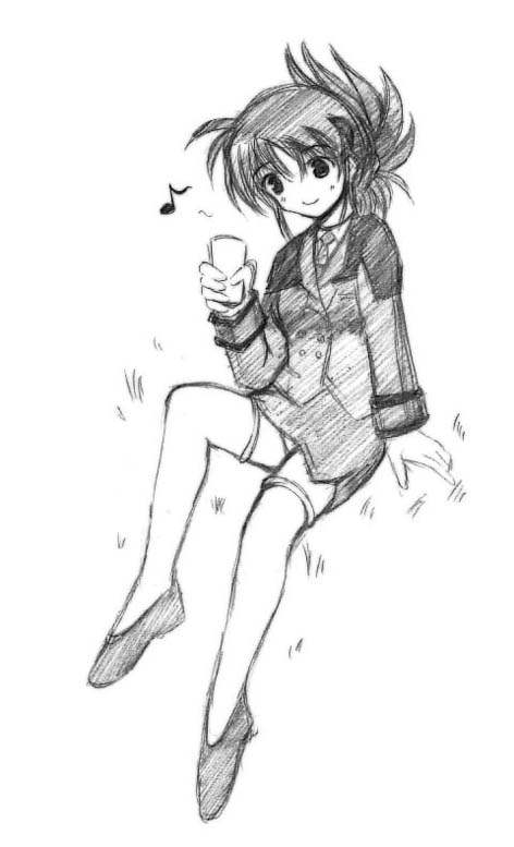 artist_request eighth_note greyscale lyrical_nanoha mahou_shoujo_lyrical_nanoha_strikers monochrome musical_note sketch solo thighhighs