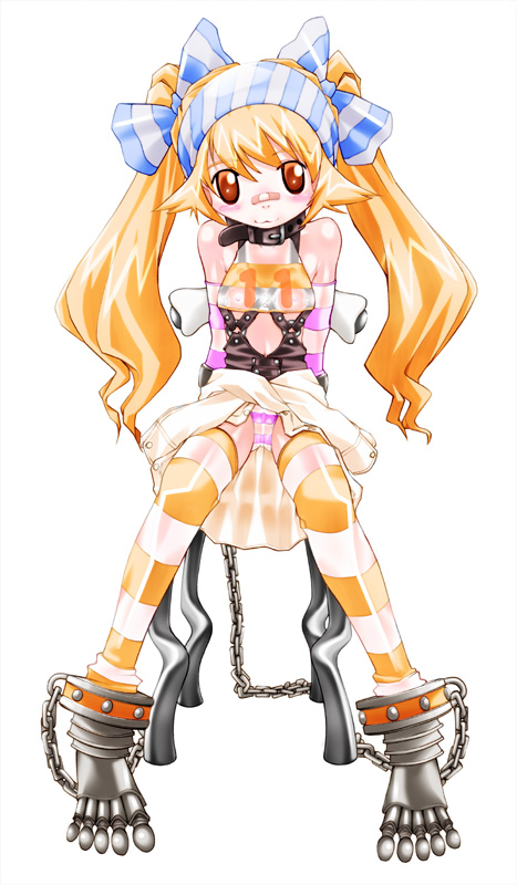 :3 bandages bandaid bandaid_on_nose bow brown_eyes chain collar copyright_request cuffs full_body hair_bow metal midriff miito_shido orange_hair panties ribbon simple_background solo standing striped striped_bow striped_legwear thighhighs twintails underwear white_background