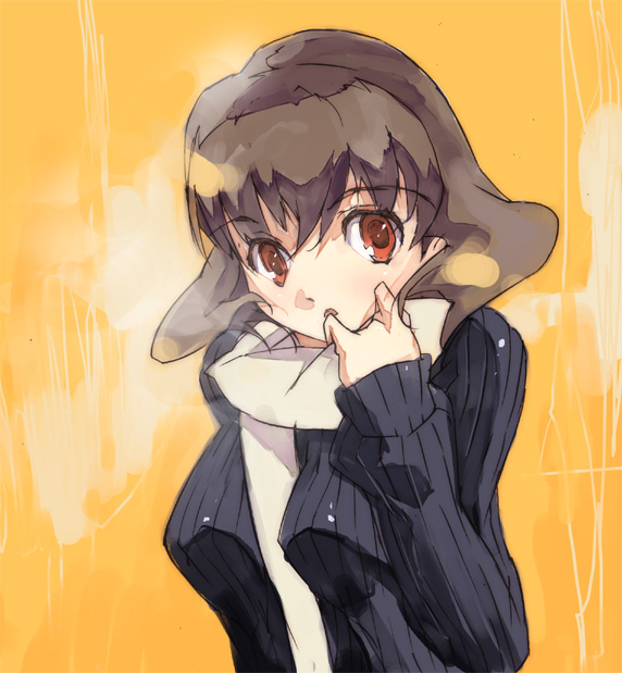 :o breath brown_hair eyebrows_visible_through_hair jacket kitano_yuusuke looking_at_viewer open_clothes open_jacket open_mouth original red_eyes scarf short_hair simple_background sketch solo upper_body uppercut yellow_background