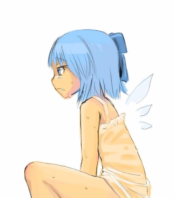 blue_eyes blue_hair bow cirno clear_cross hair_bow simple_background sitting solo sweat touhou upper_body wings