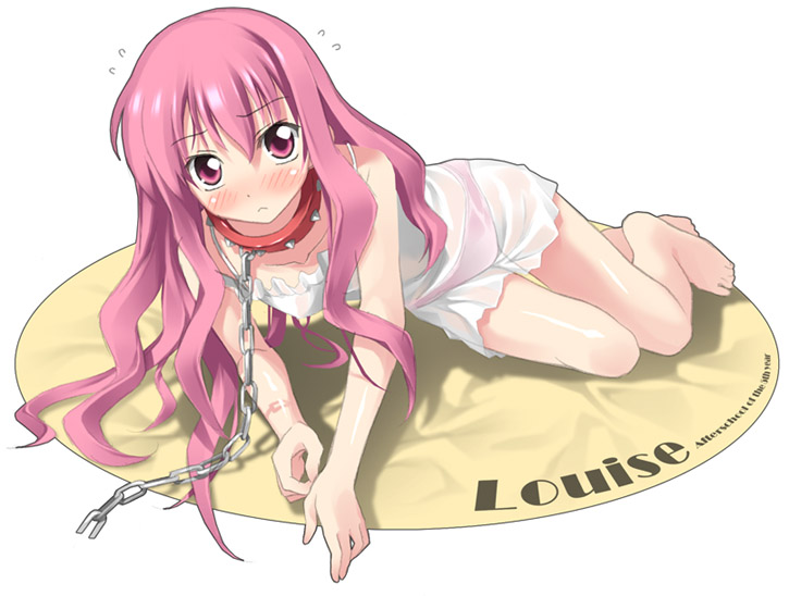 blush character_name chemise collar kantoku leash long_hair louise_francoise_le_blanc_de_la_valliere panties pink_eyes pink_hair solo underwear zero_no_tsukaima