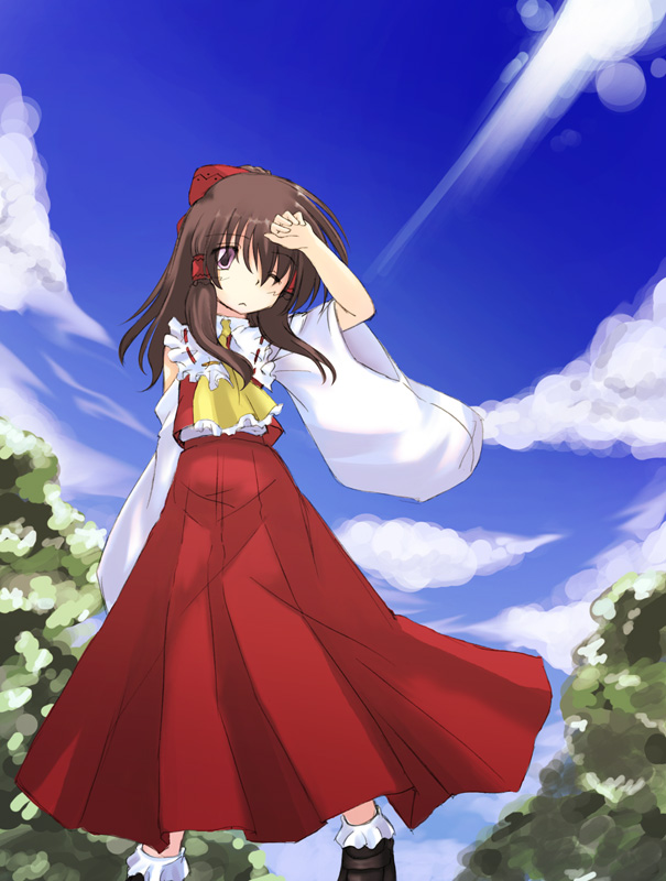 ascot blue_sky bobby_socks bow brown_hair cloud day detached_sleeves dress hair_bow hakurei_reimu head_tilt kakoi_orihako long_sleeves looking_at_viewer one_eye_closed outdoors red_bow red_dress sidelocks sky socks solo standing touhou white_legwear wide_sleeves